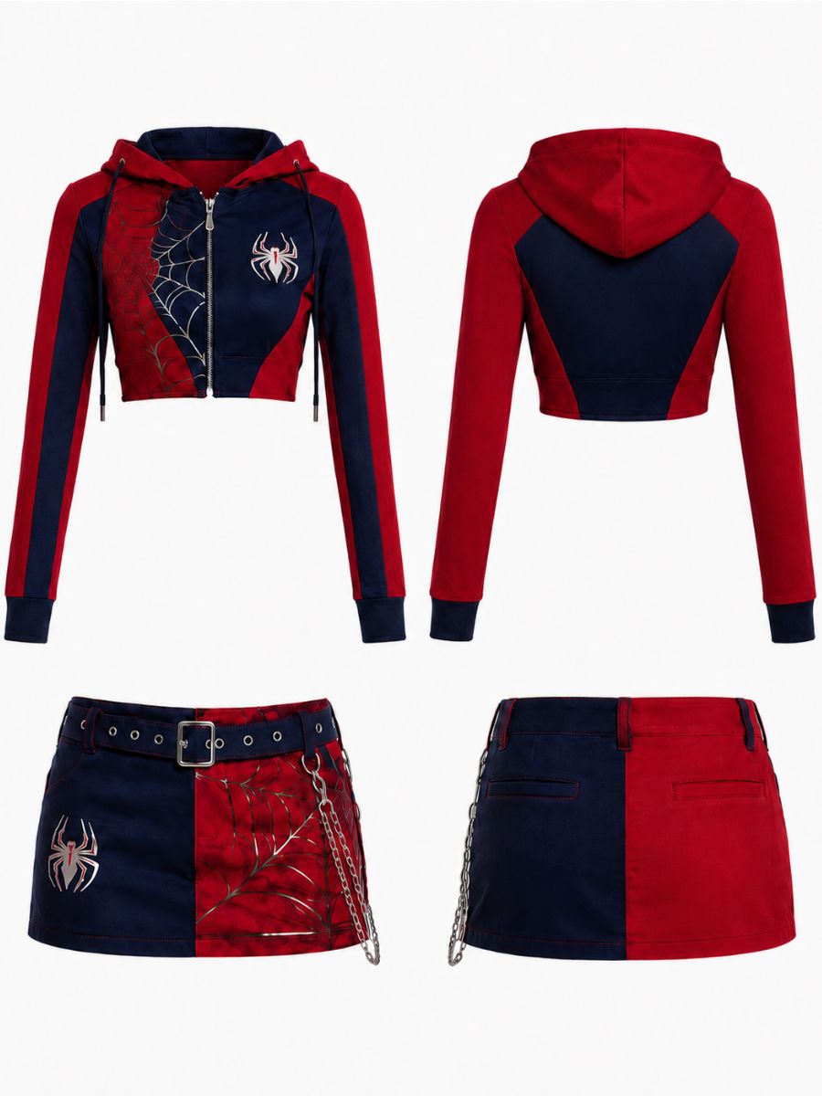 Women's Spider Web Cropped Hoodie and Skirt Superhero 2 Piece Outfit