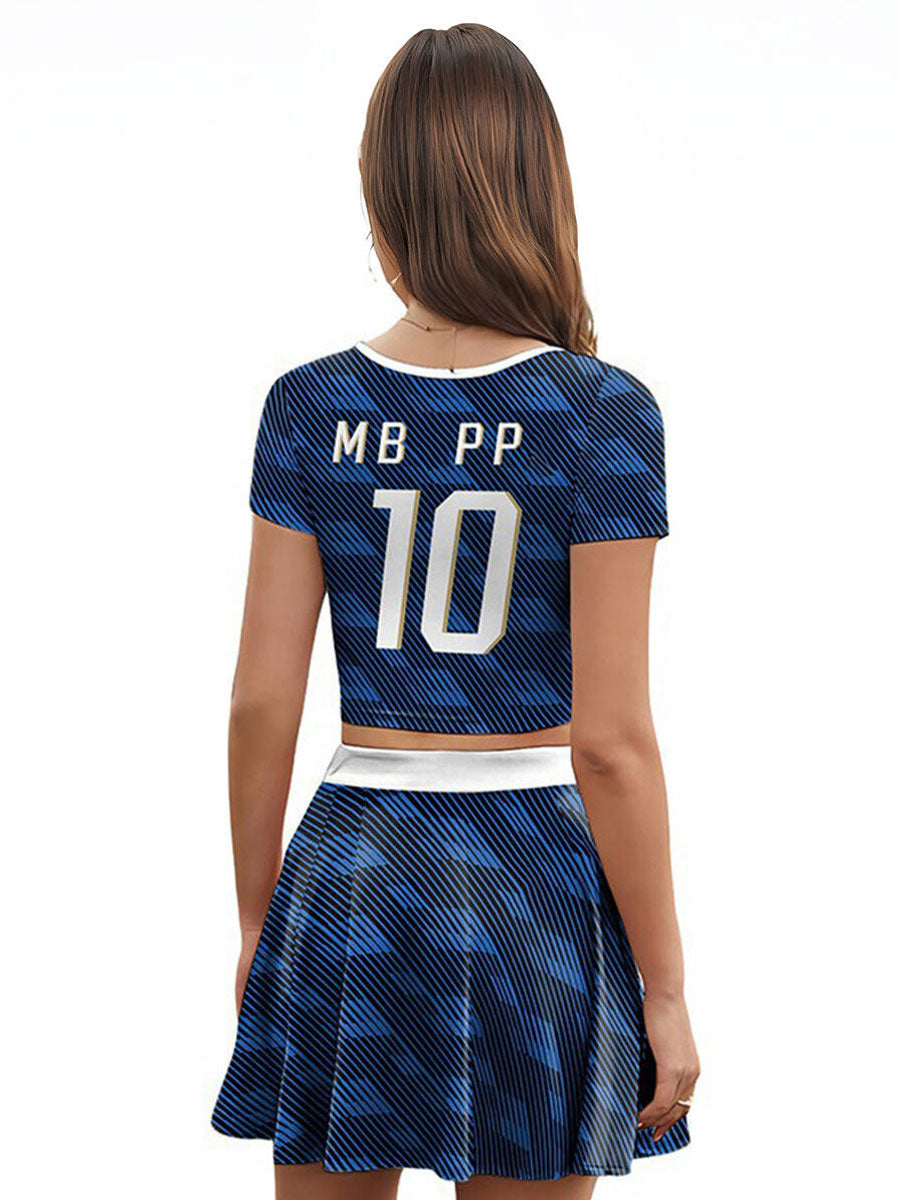 Sporty France Soccer Fan Outfit for Women Cheerleader Crop Top and Mini Skirt