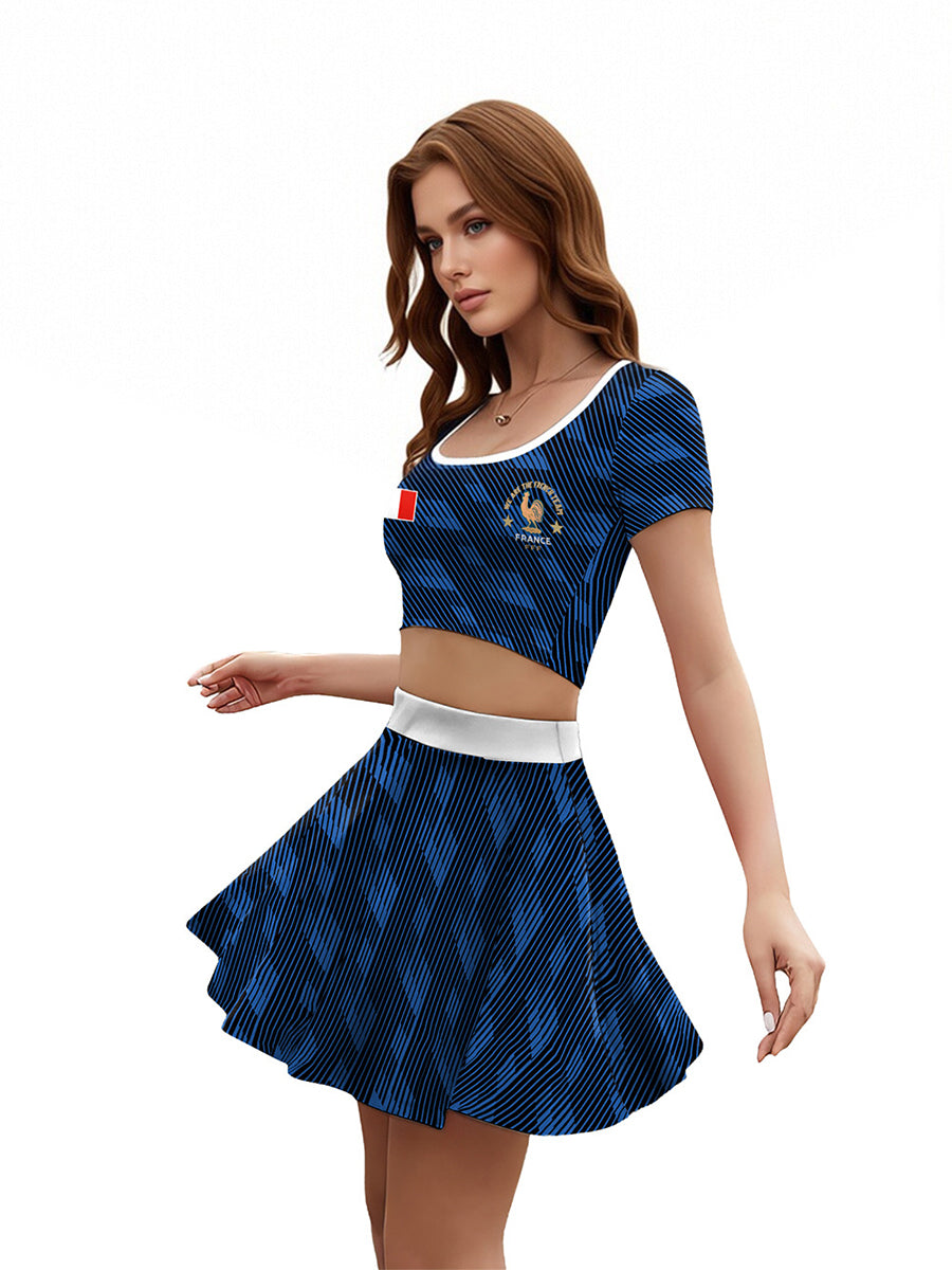 Sporty France Soccer Fan Outfit for Women Cheerleader Crop Top and Mini Skirt
