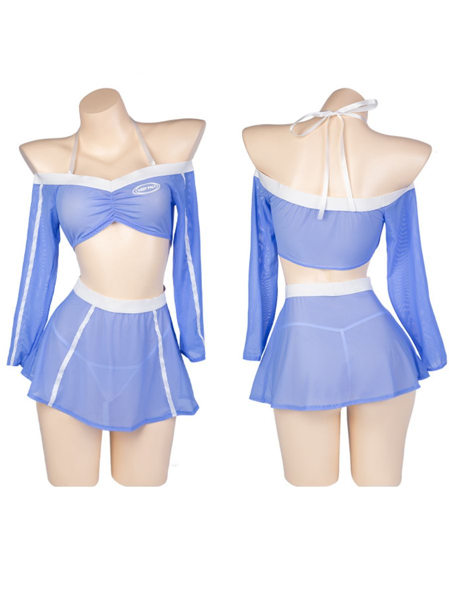 Sporty Mesh Two Piece Lingerie Set Sexy Cheerleading Costume Off Shoulder Crop Top and Mini Skirt