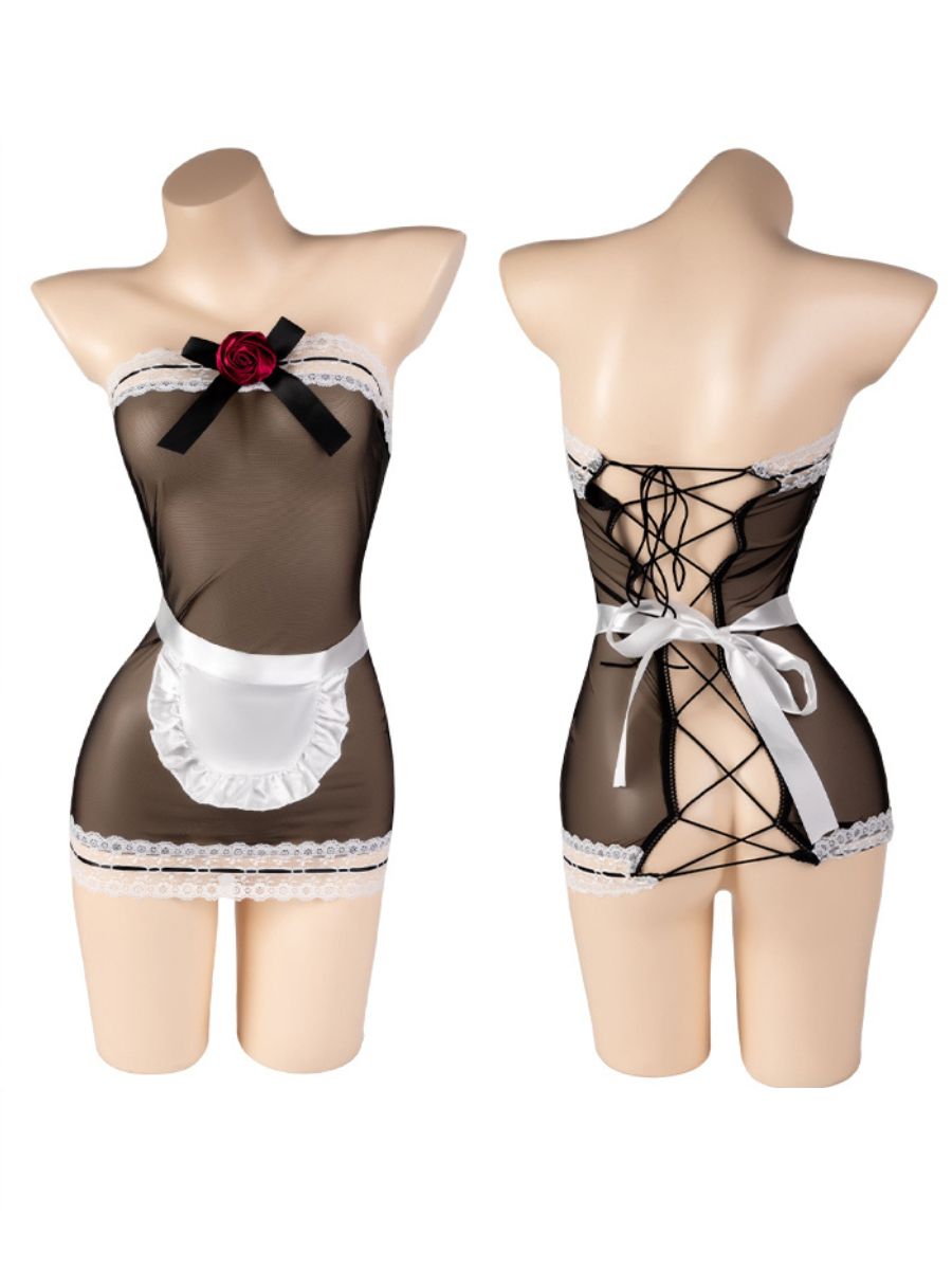 Sheer Mesh French Maid Cosplay Costume Black Strapless Mini Dress with Apron and Headband