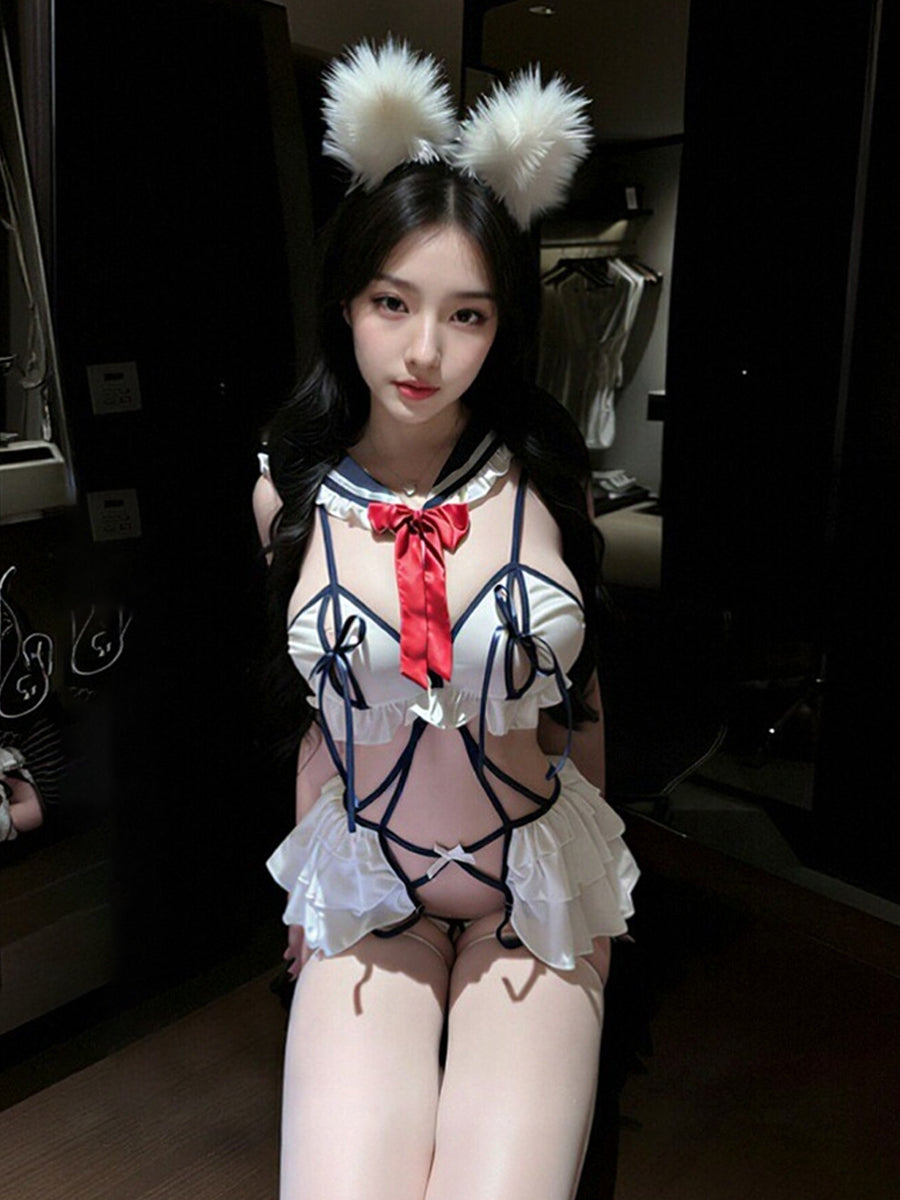 Anime Schoolgirl Cosplay Costume Set Strappy Peplum Bodysuit with Red Bow Tie 