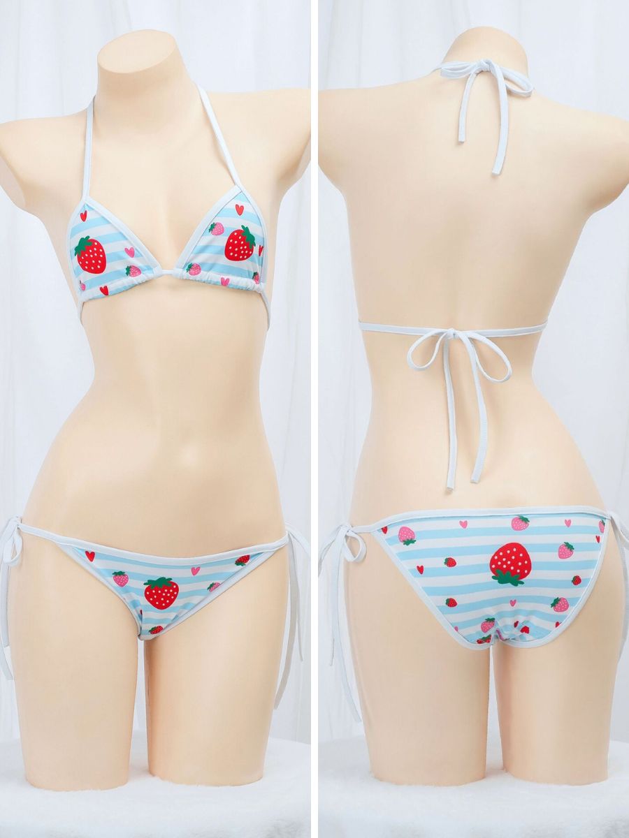 Strawberry Print Triangle Bikini Set Cute Halter Neck Bra and Tie Side Panty