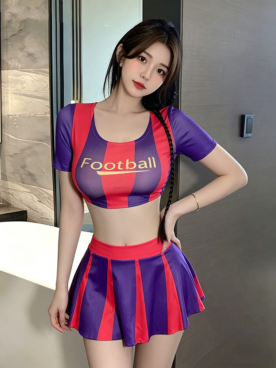 Striped Cheerleader Style Costume Two Piece Sporty Football Crop Top and Pleated Mini Skirt