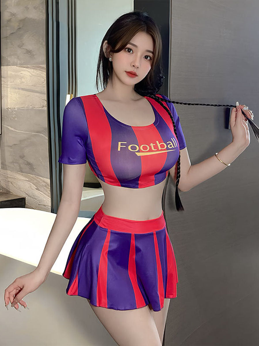 Striped Cheerleader Style Costume Two Piece Sporty Football Crop Top and Pleated Mini Skirt
