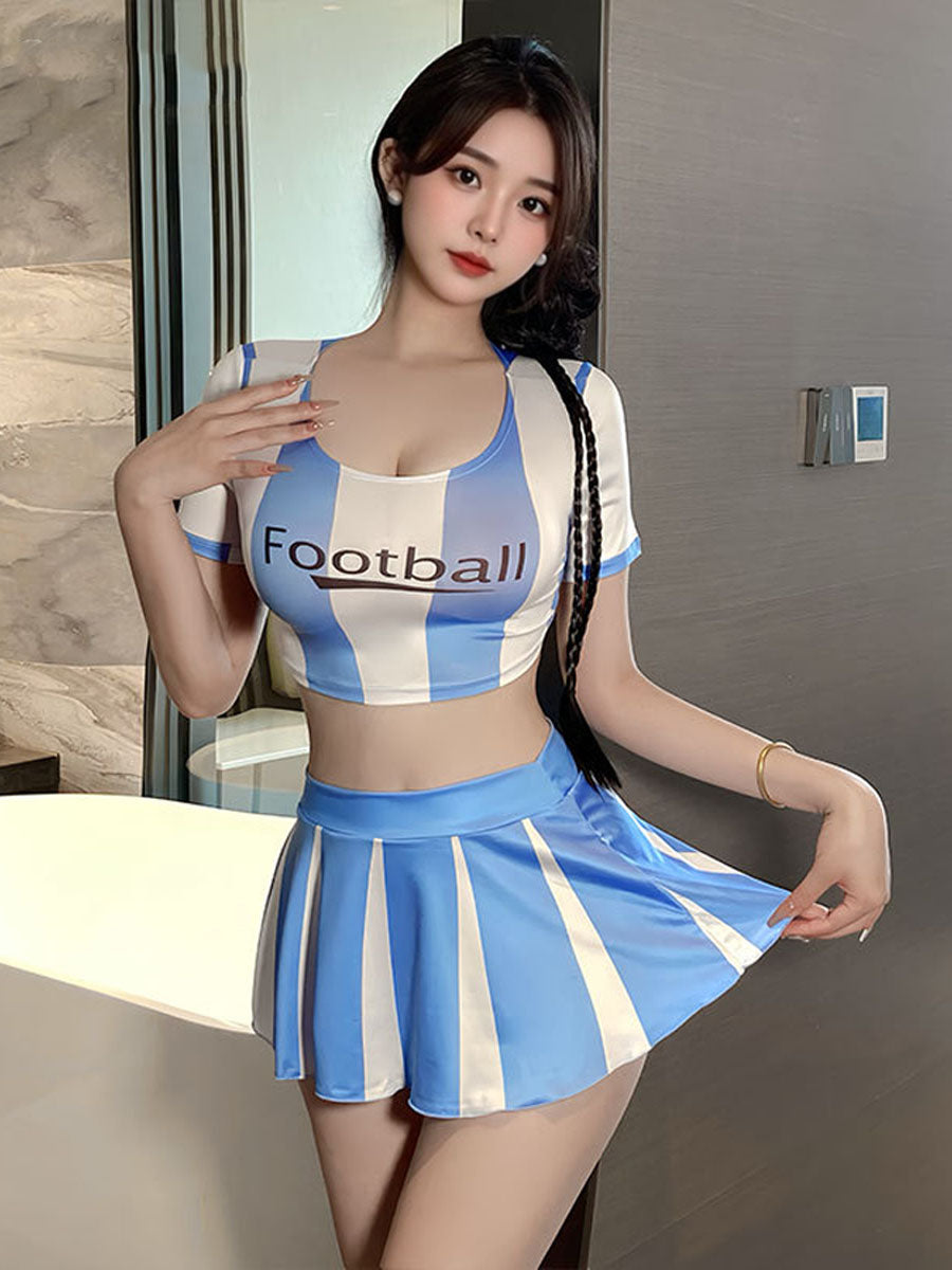 Striped Cheerleader Style Costume Two Piece Sporty Football Crop Top and Pleated Mini Skirt