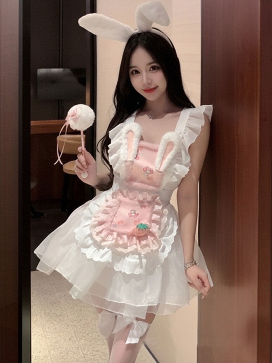 Sweet Bunny Maid Cosplay Costume Pink and White Frilly Apron Dress with Rabbit Ears Set