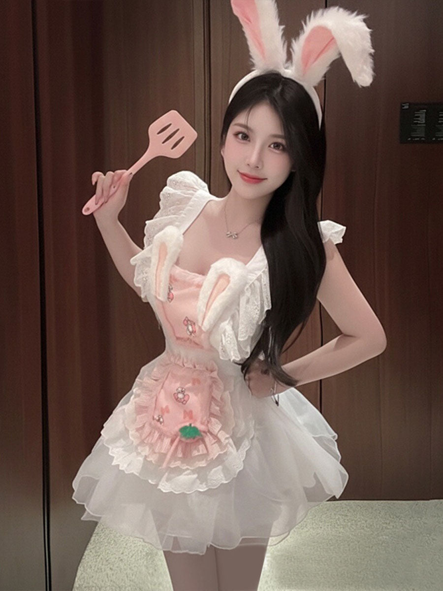 Sweet Bunny Maid Cosplay Costume Pink and White Frilly Apron Dress with Rabbit Ears Set