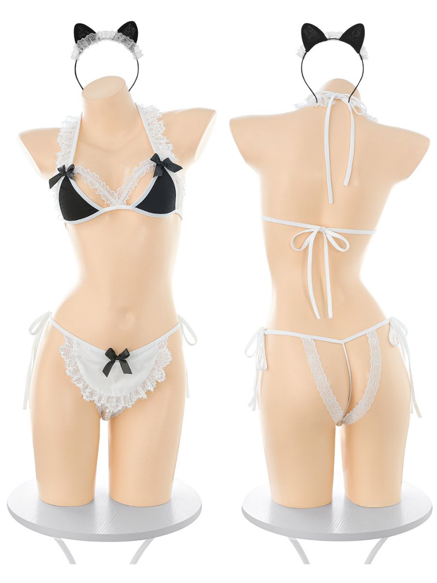 Anime Maid Cosplay Costume Sexy Black and White Lace Roleplay Bikini Set