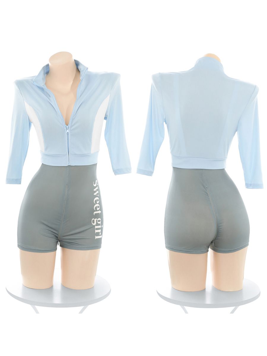 Two Piece Zipper Crotch Athletic Outfit Light Blue Cropped Zip Jacket and Gray High Waist Shorts