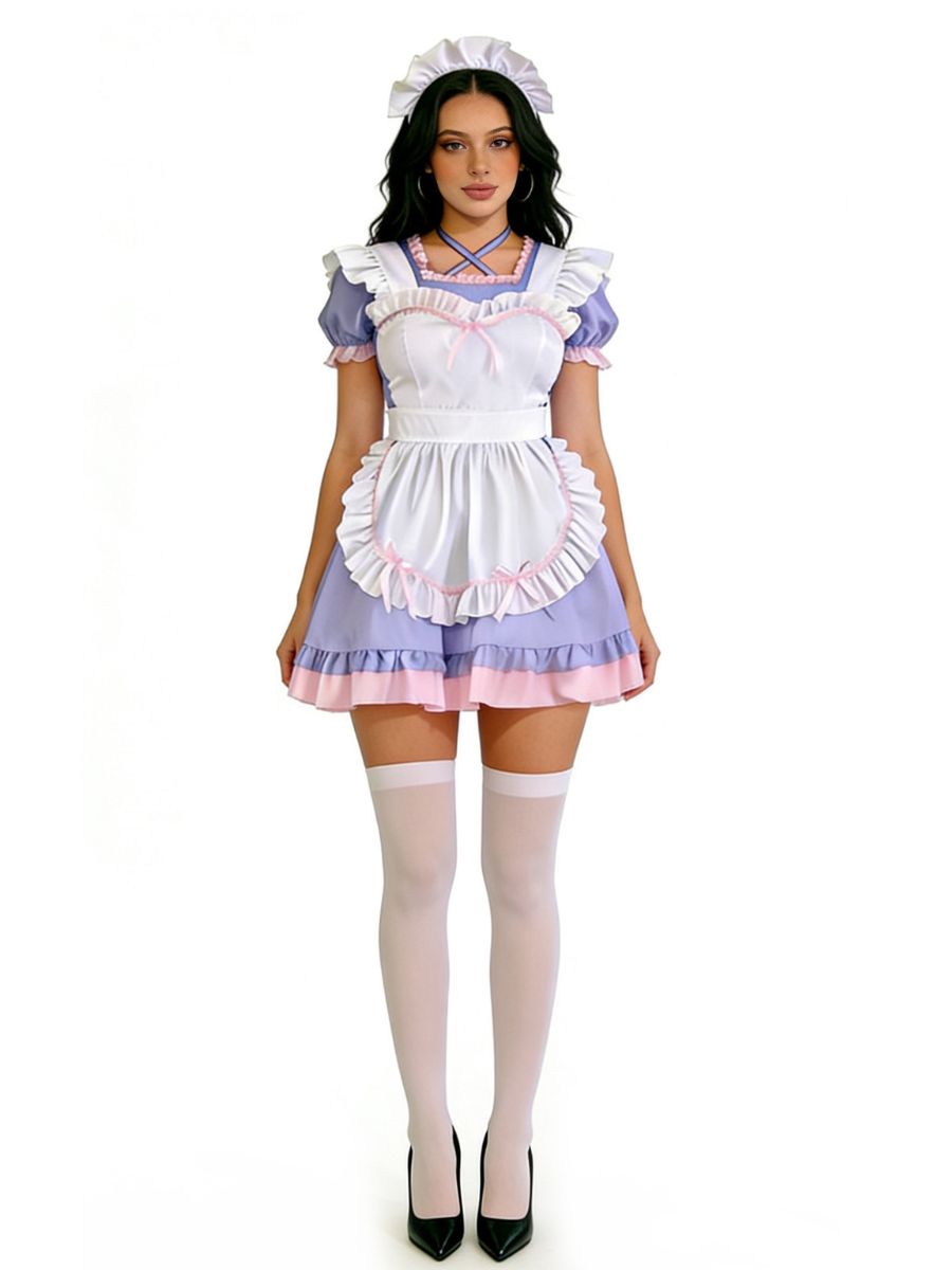 Sweet Maid Cosplay Costume Anime Ruffle Short Sleeve Lolita Dress with Apron