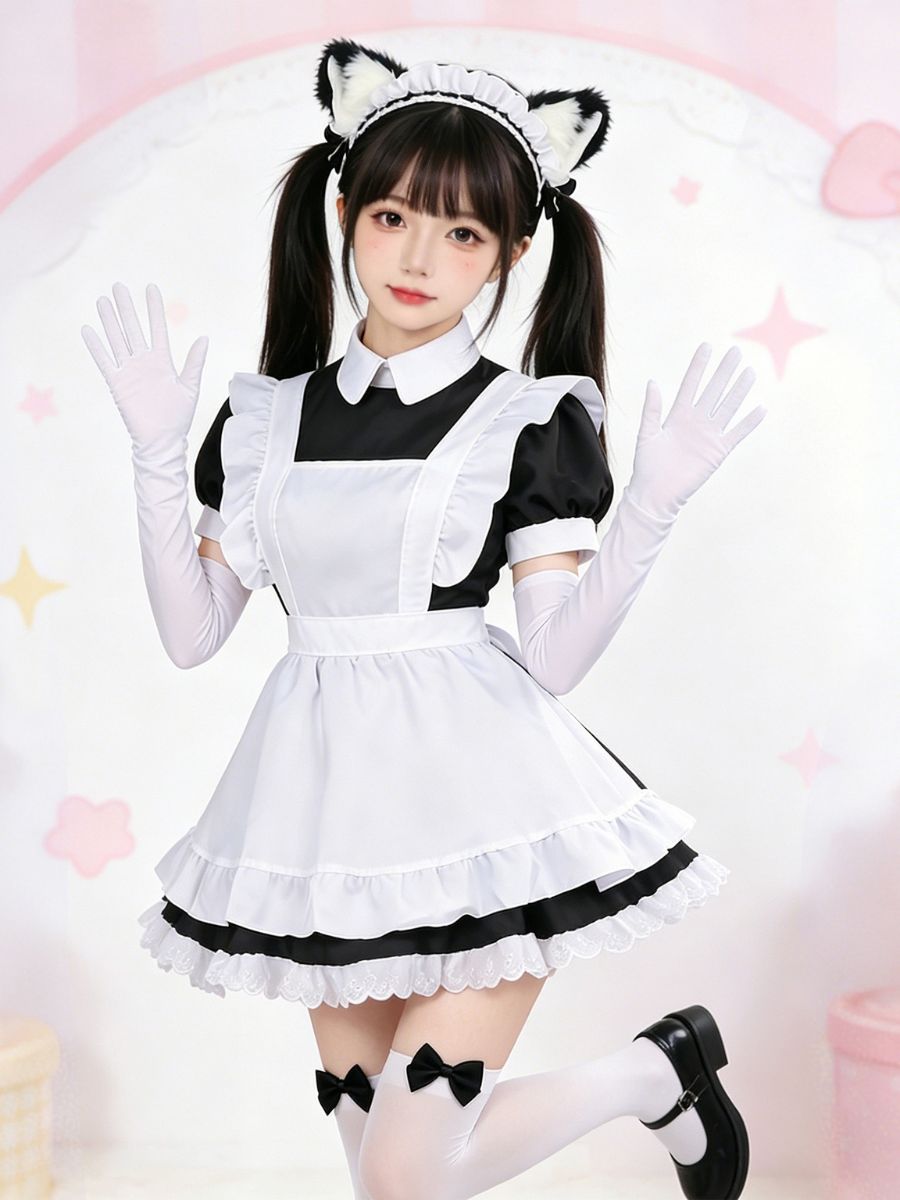 Kawaii French Maid Costume Black Anime Maid Outfit with White Apron and Cat Ear Headband