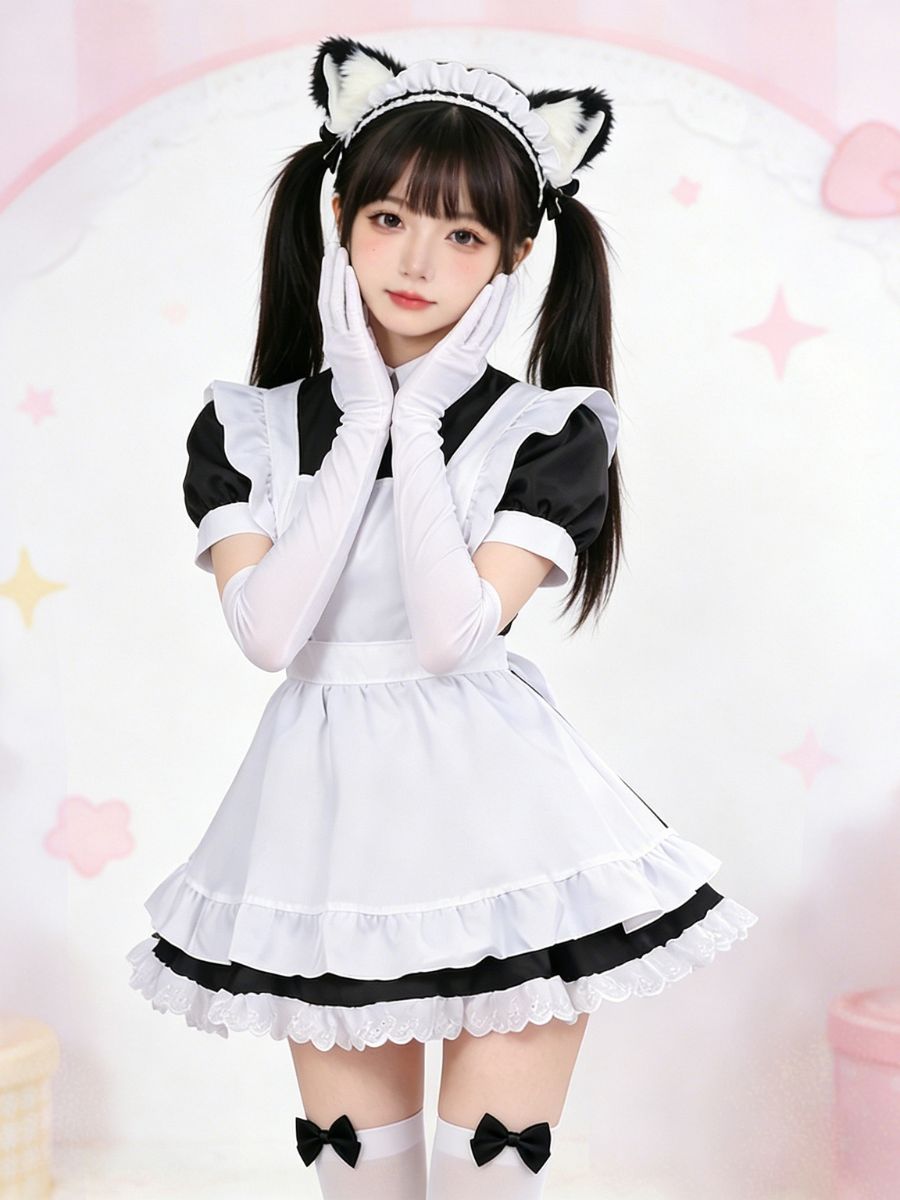Kawaii French Maid Costume Black Anime Maid Outfit with White Apron and Cat Ear Headband