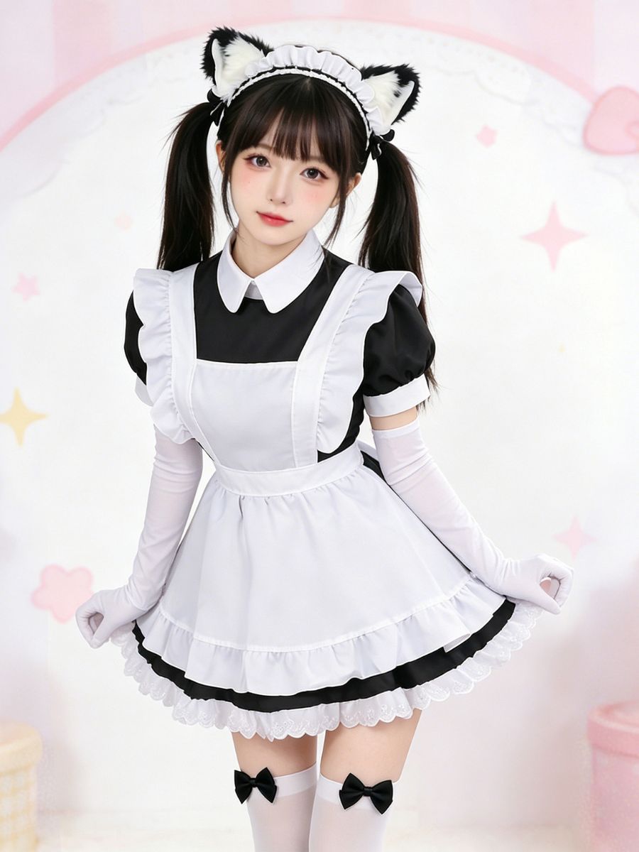Kawaii French Maid Costume Black Anime Maid Outfit with White Apron and Cat Ear Headband