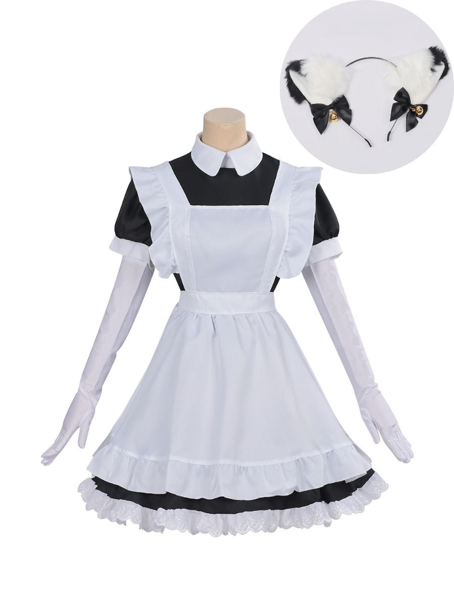 Kawaii French Maid Costume Black Anime Maid Outfit with White Apron and Cat Ear Headband