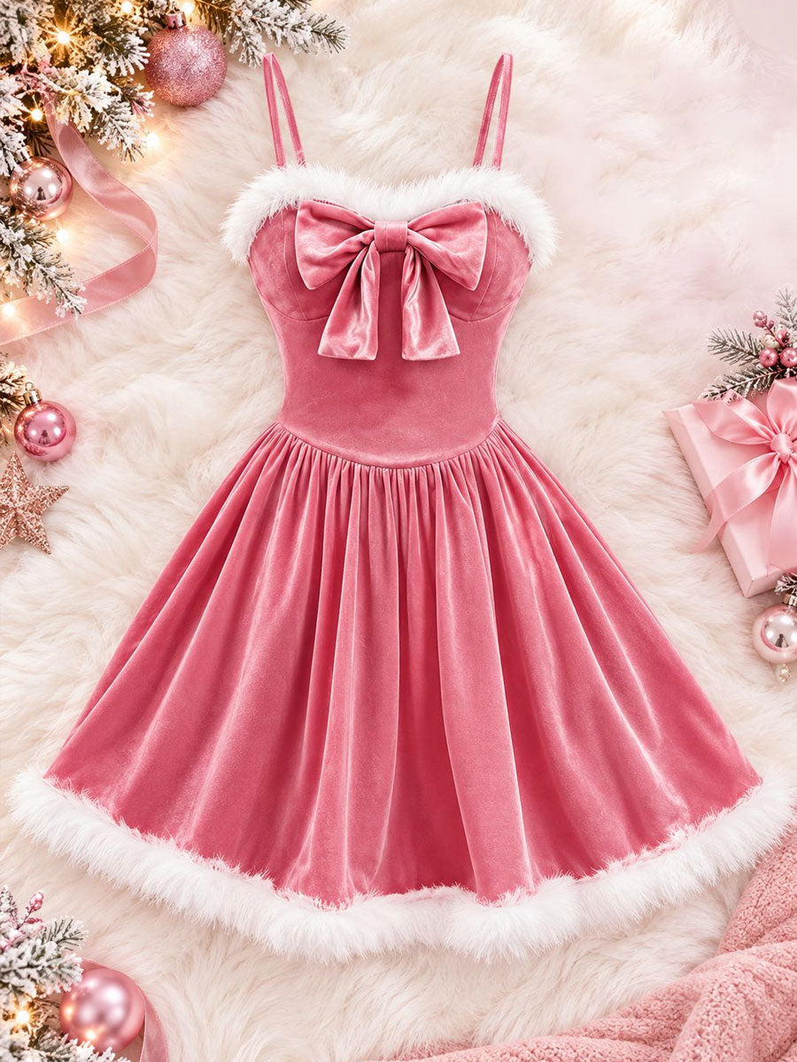 Pink Velvet Christmas Dress Sweetheart Camisole Faux Fur Trim Skater Mini Dress