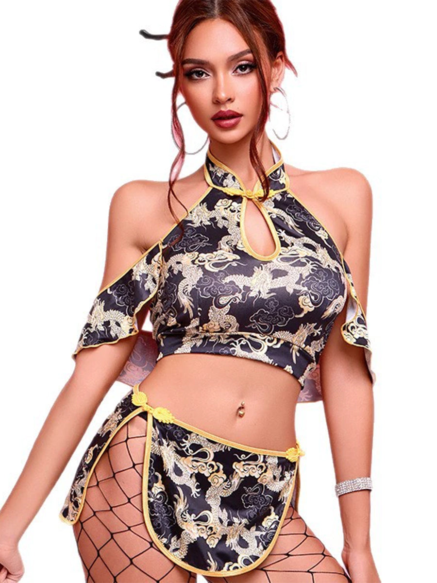 Dragon Print Two Piece Asian Outfit Chinese Style Halter Cut Out Crop Top and Mini Skirt Set