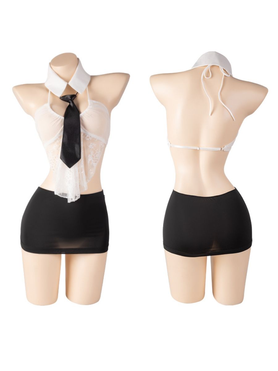 Office Secretary Cosplay Costume Sheer Lace Halter Crop Top and Mini Skirt