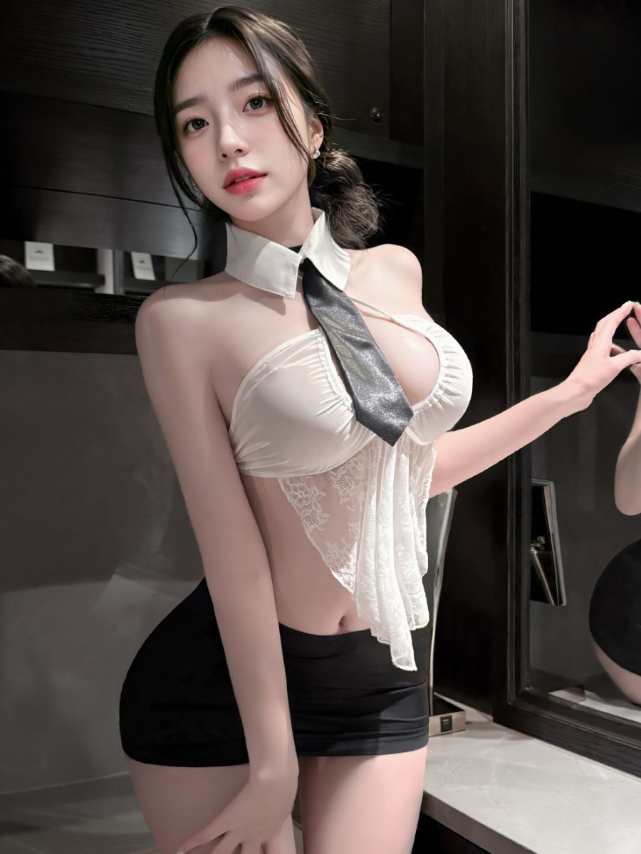 Office Secretary Cosplay Costume Sheer Lace Halter Crop Top and Mini Skirt 