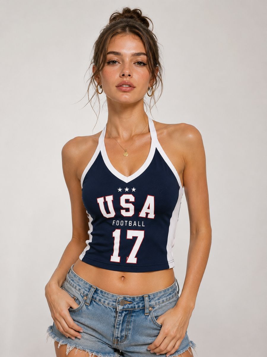 USA Football Halter Crop Top Y2K Blokette Style USA Summer Top