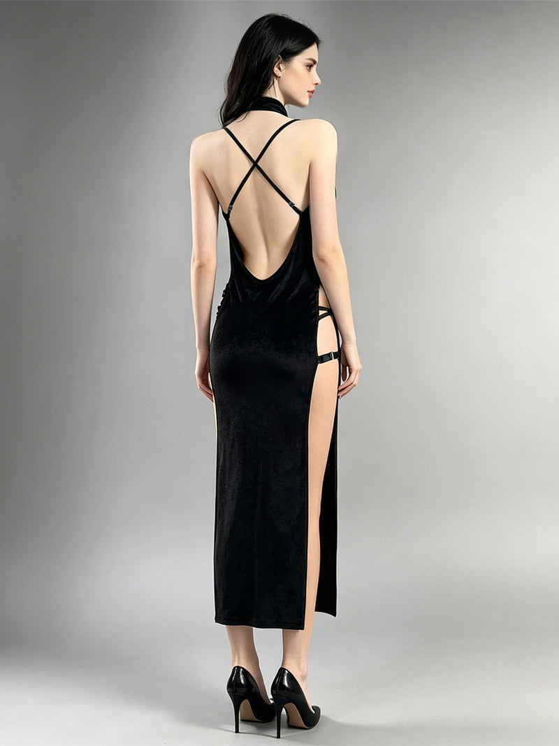 Black Velvet Gothic Dress Buckle Straps High Slit Chinese Style Maxi Dress