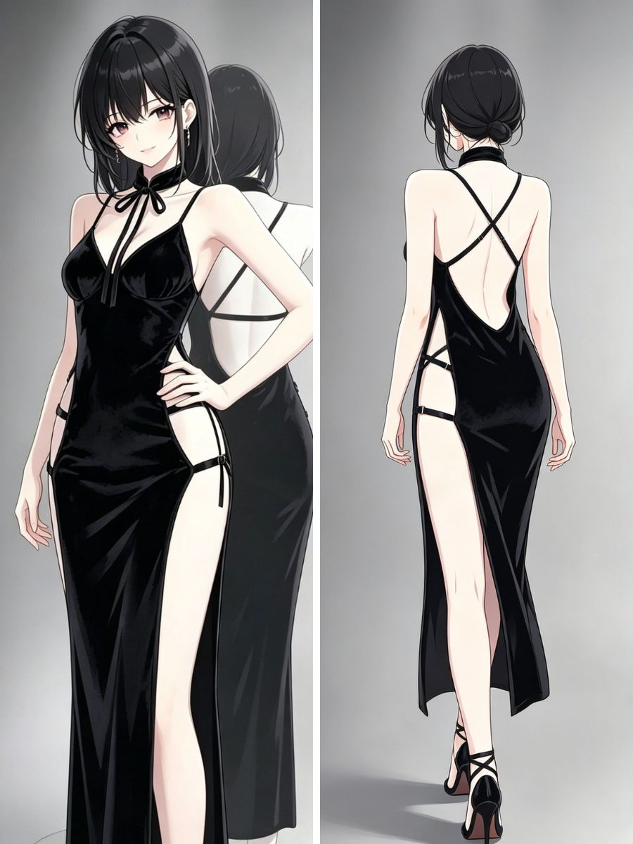 Black Velvet Gothic Dress Buckle Straps High Slit Chinese Style Maxi Dress