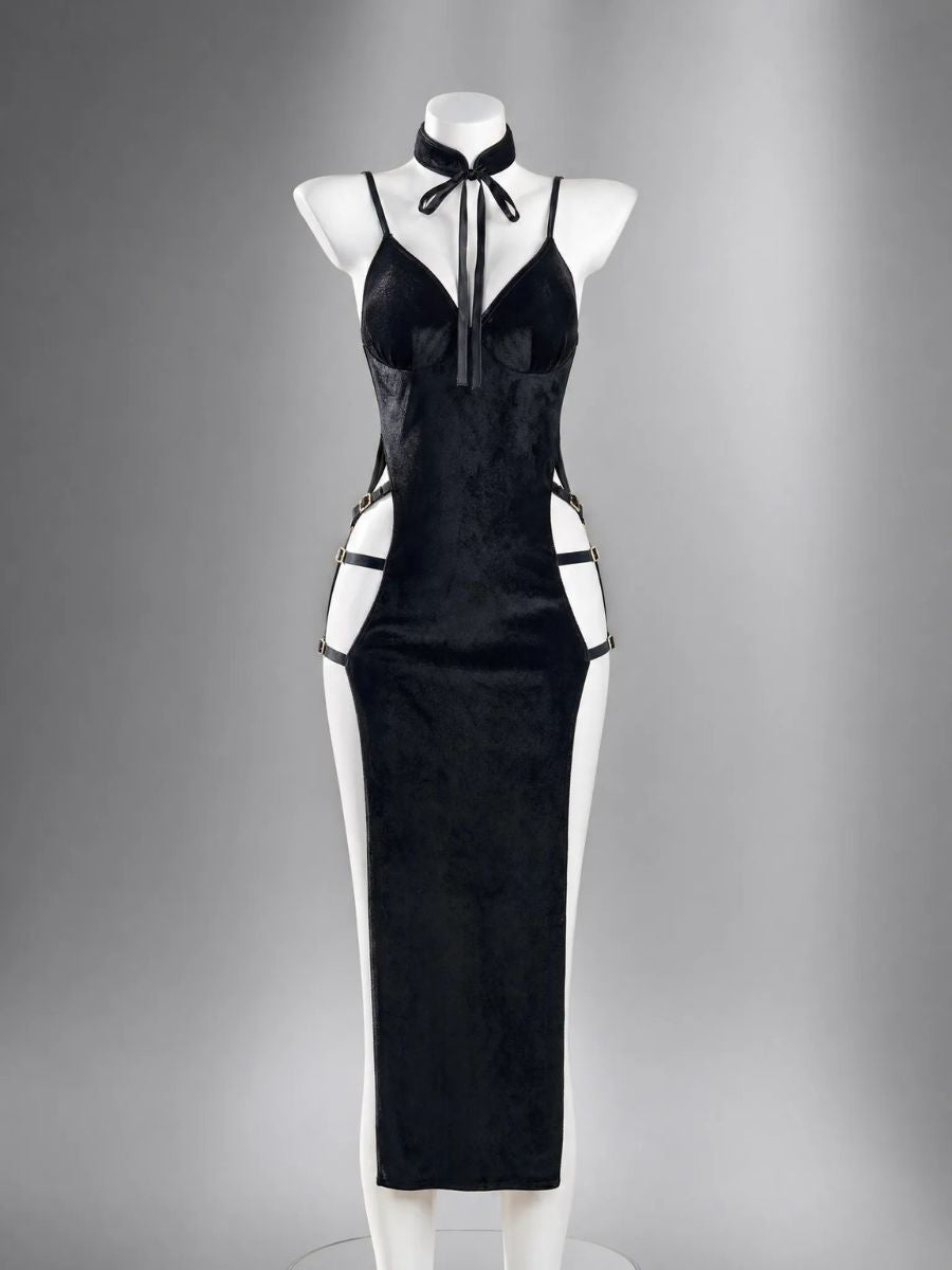 Black Velvet Gothic Dress Buckle Straps High Slit Chinese Style Maxi Dress