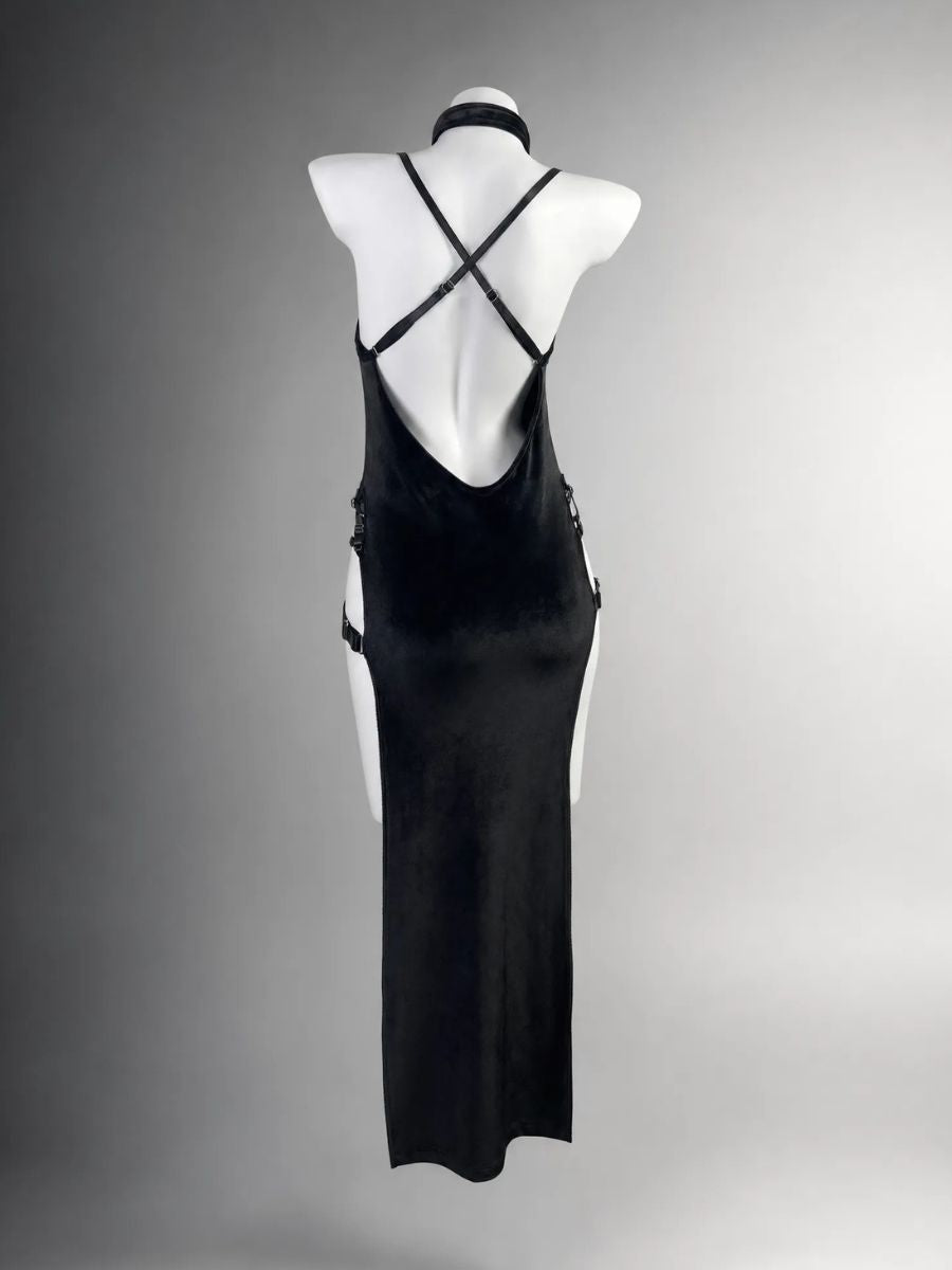 Black Velvet Gothic Dress Buckle Straps High Slit Chinese Style Maxi Dress