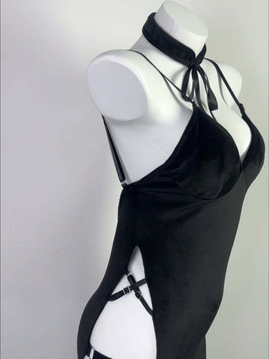 Black Velvet Gothic Dress Buckle Straps High Slit Chinese Style Maxi Dress