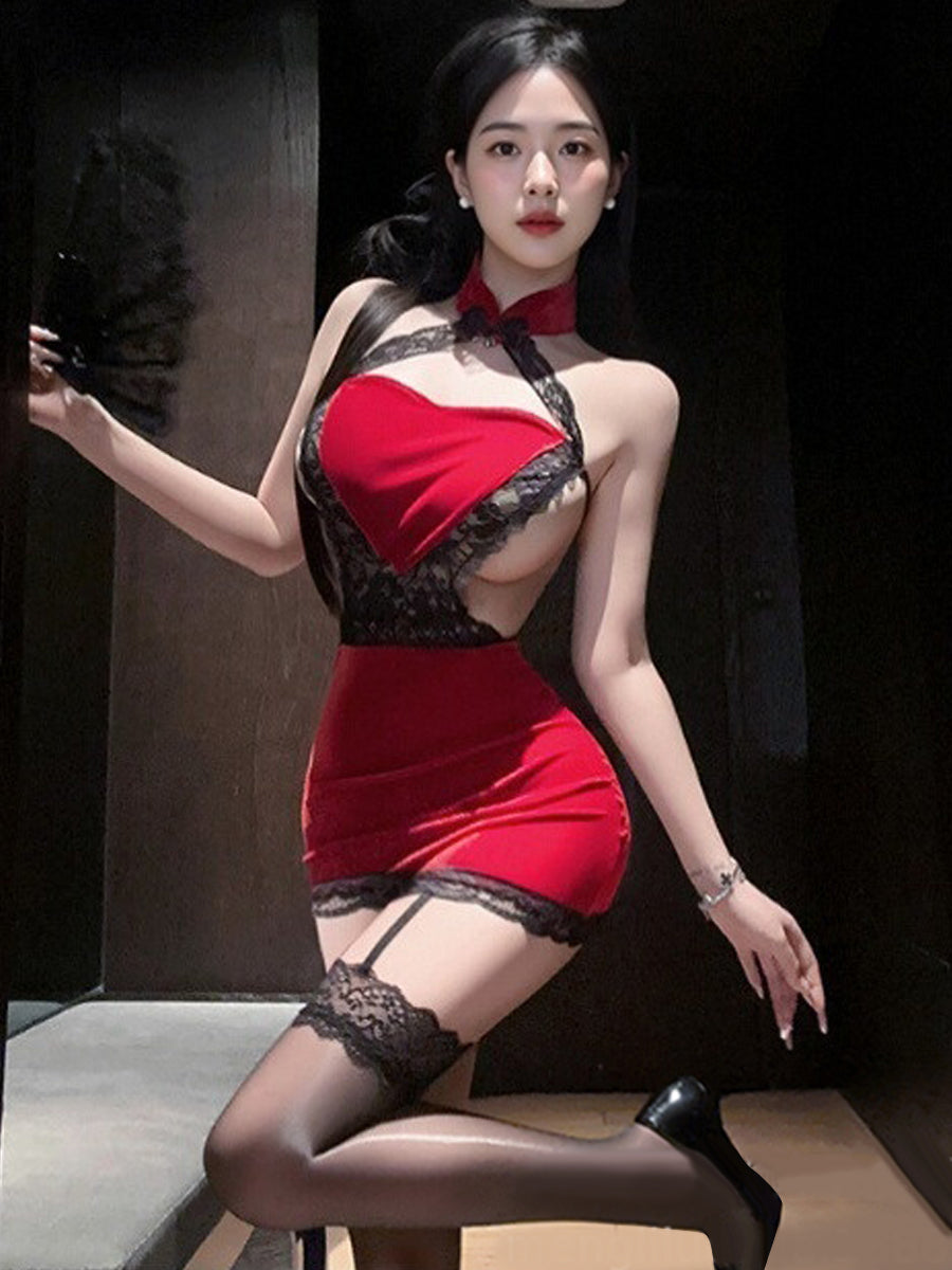 Modern Velvet Heart Cheongsam Set Sexy Lace Trimmed Qipao Mini Dress 
