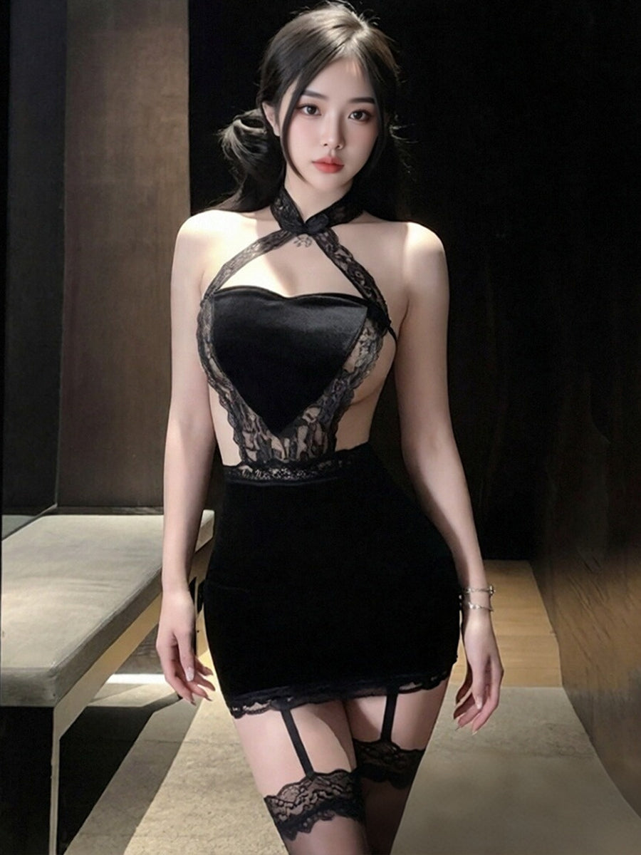 Modern Velvet Heart Cheongsam Set Sexy Lace Trimmed Qipao Mini Dress 