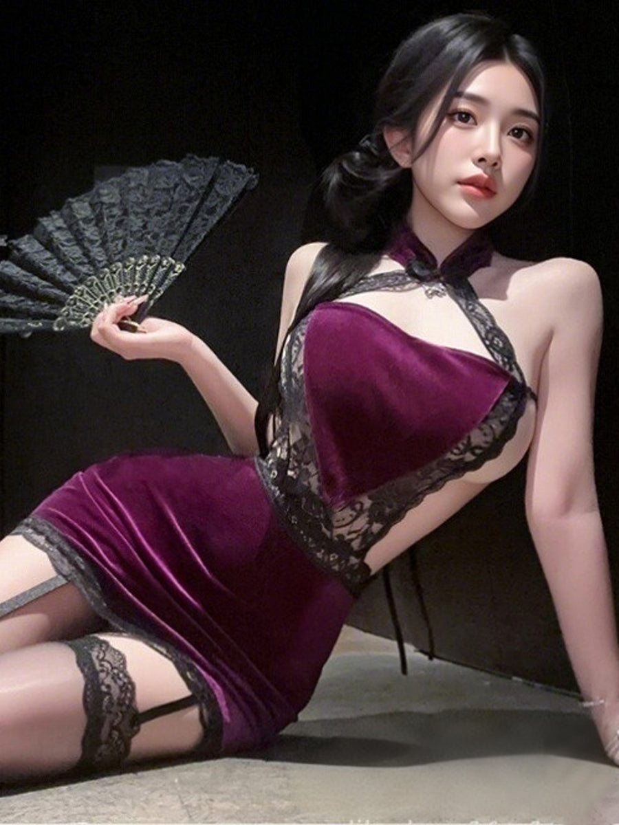 Modern Velvet Heart Cheongsam Set Sexy Lace Trimmed Qipao Mini Dress 