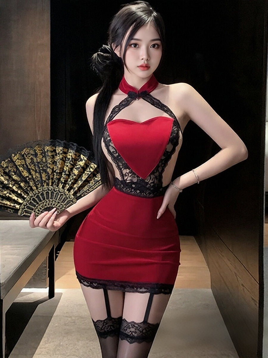 Modern Velvet Heart Cheongsam Set Sexy Lace Trimmed Qipao Mini Dress 