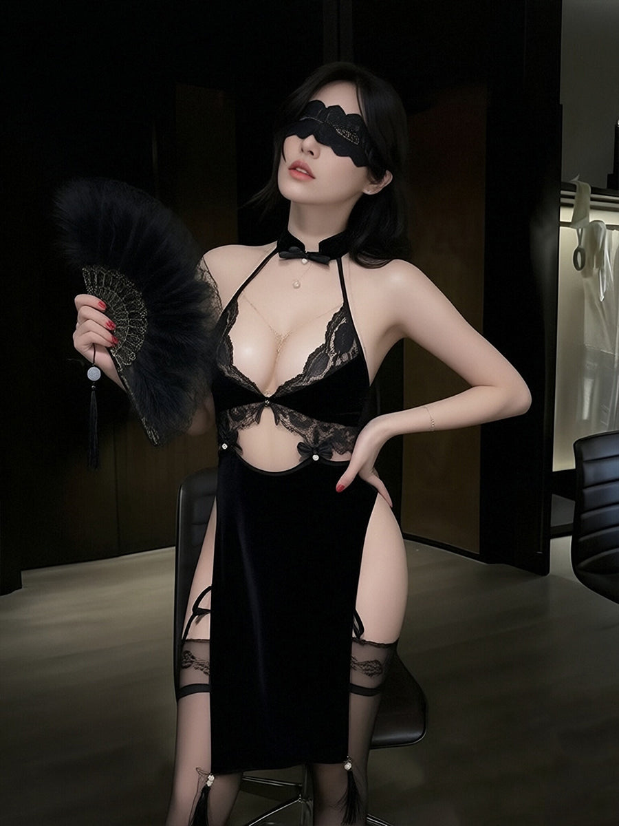 Vintage Cheongsam Lingerie Set Velvet Cut Out Qipao-Style High Slit Babydoll Dress