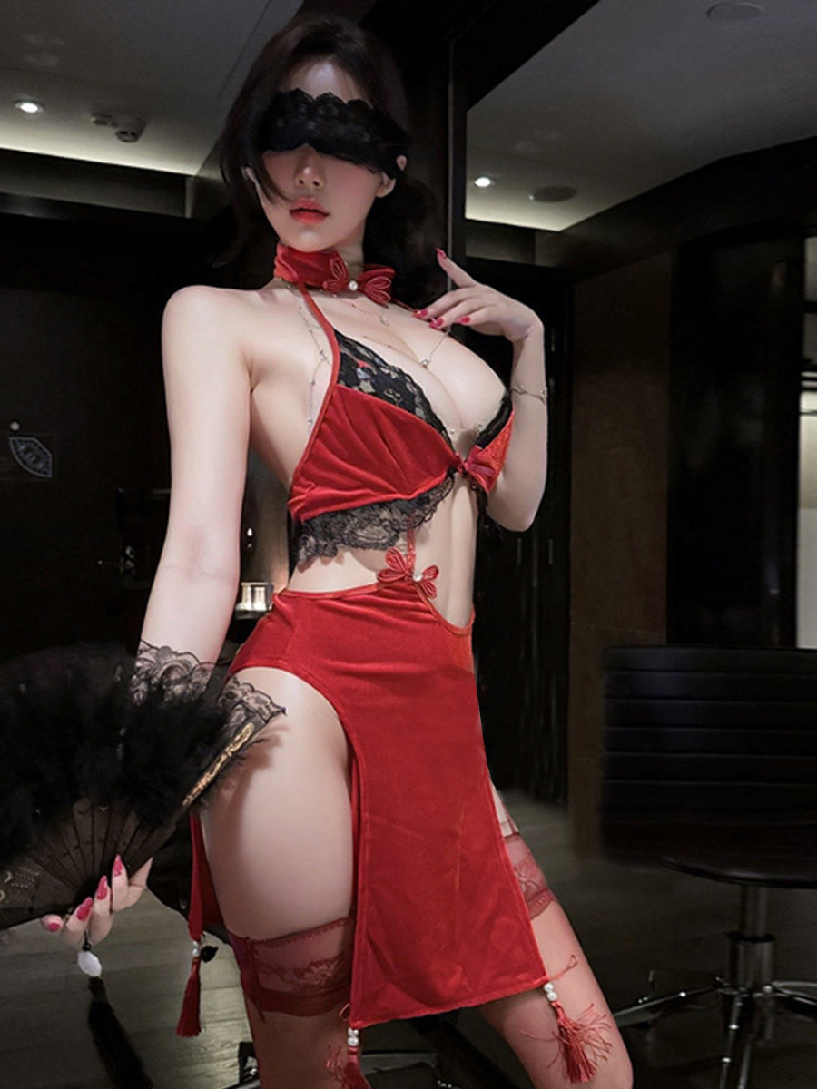 Vintage Cheongsam Lingerie Set Velvet Cut Out Qipao-Style High Slit Babydoll Dress