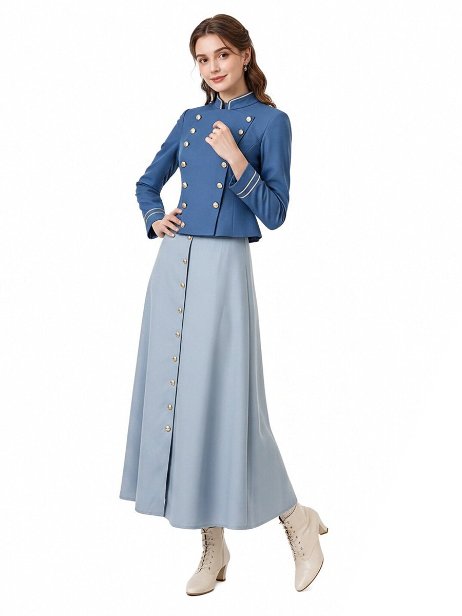 Enola Holmes 3 Enola Eudoria Holmes Costume Vintage Military Style Blue Jacket and Maxi Skirt