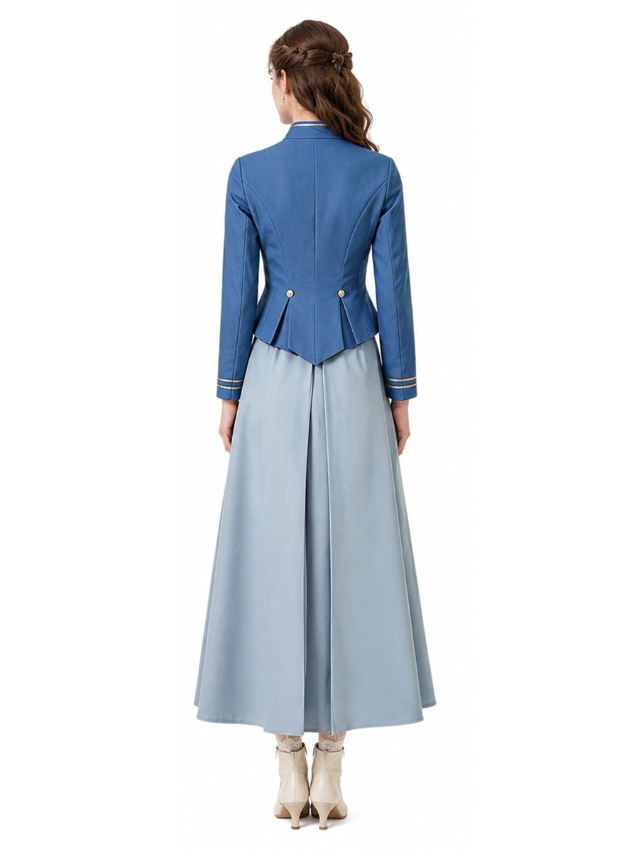 Enola Holmes 3 Enola Eudoria Holmes Costume Vintage Military Style Blue Jacket and Maxi Skirt