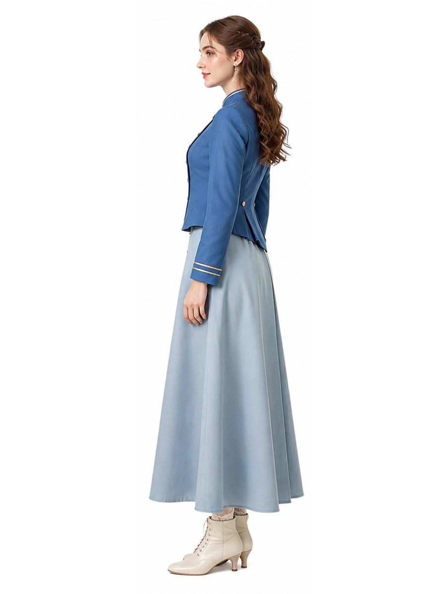 Enola Holmes 3 Enola Eudoria Holmes Costume Vintage Military Style Blue Jacket and Maxi Skirt