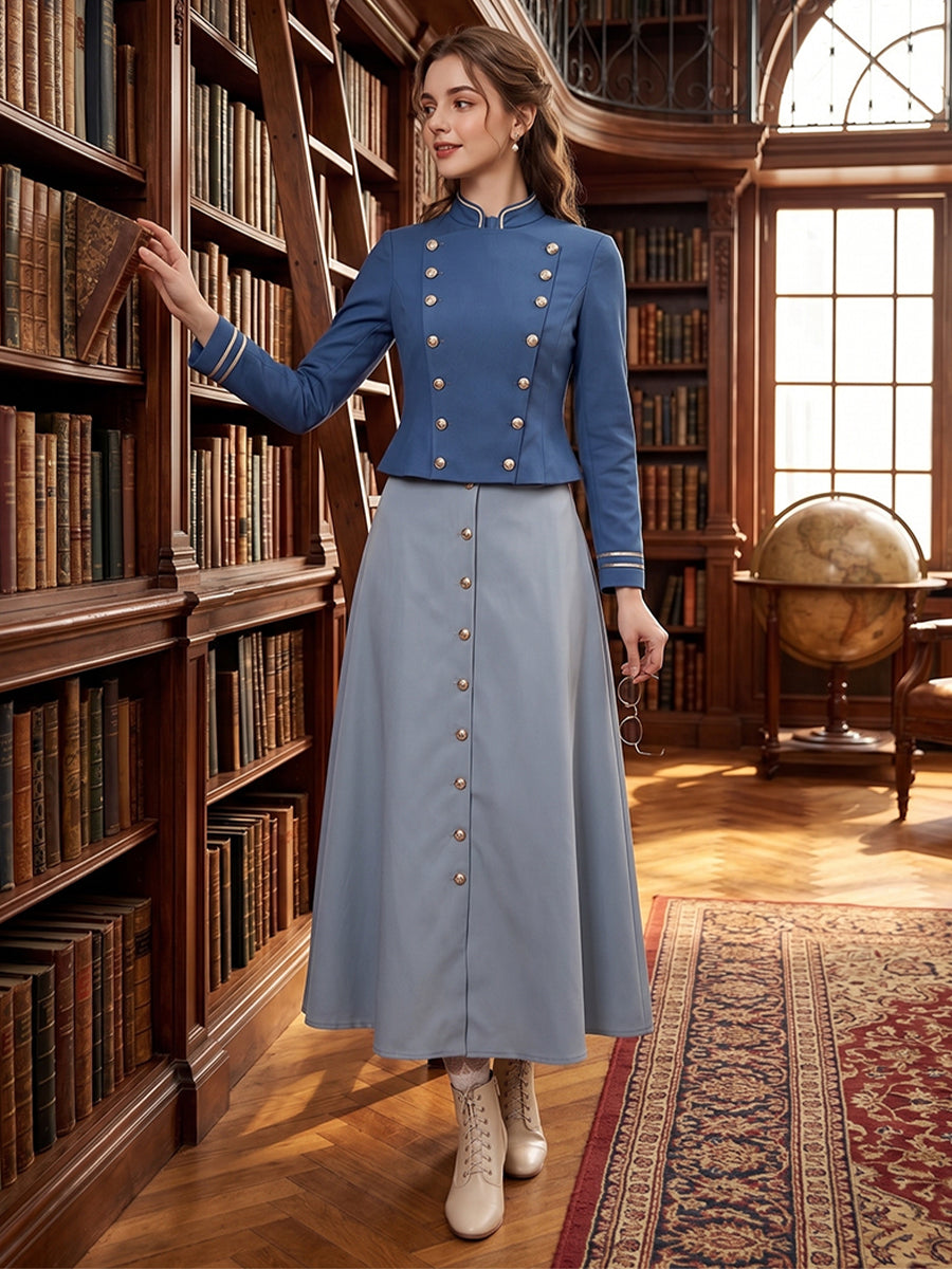 Enola Holmes 3 Enola Eudoria Holmes Costume Vintage Military Style Blue Jacket and Maxi Skirt