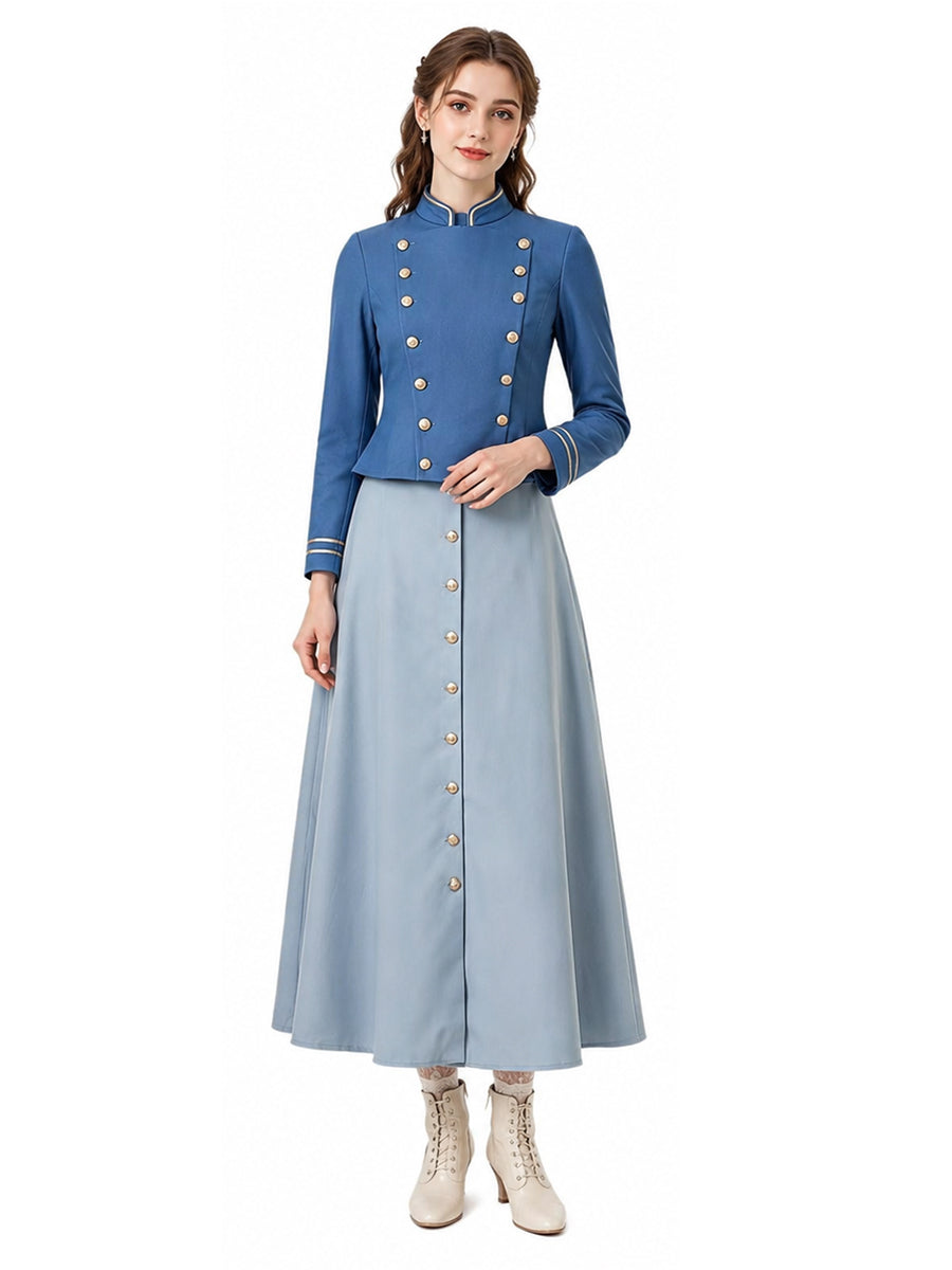 Enola Holmes 3 Enola Eudoria Holmes Costume Vintage Military Style Blue Jacket and Maxi Skirt