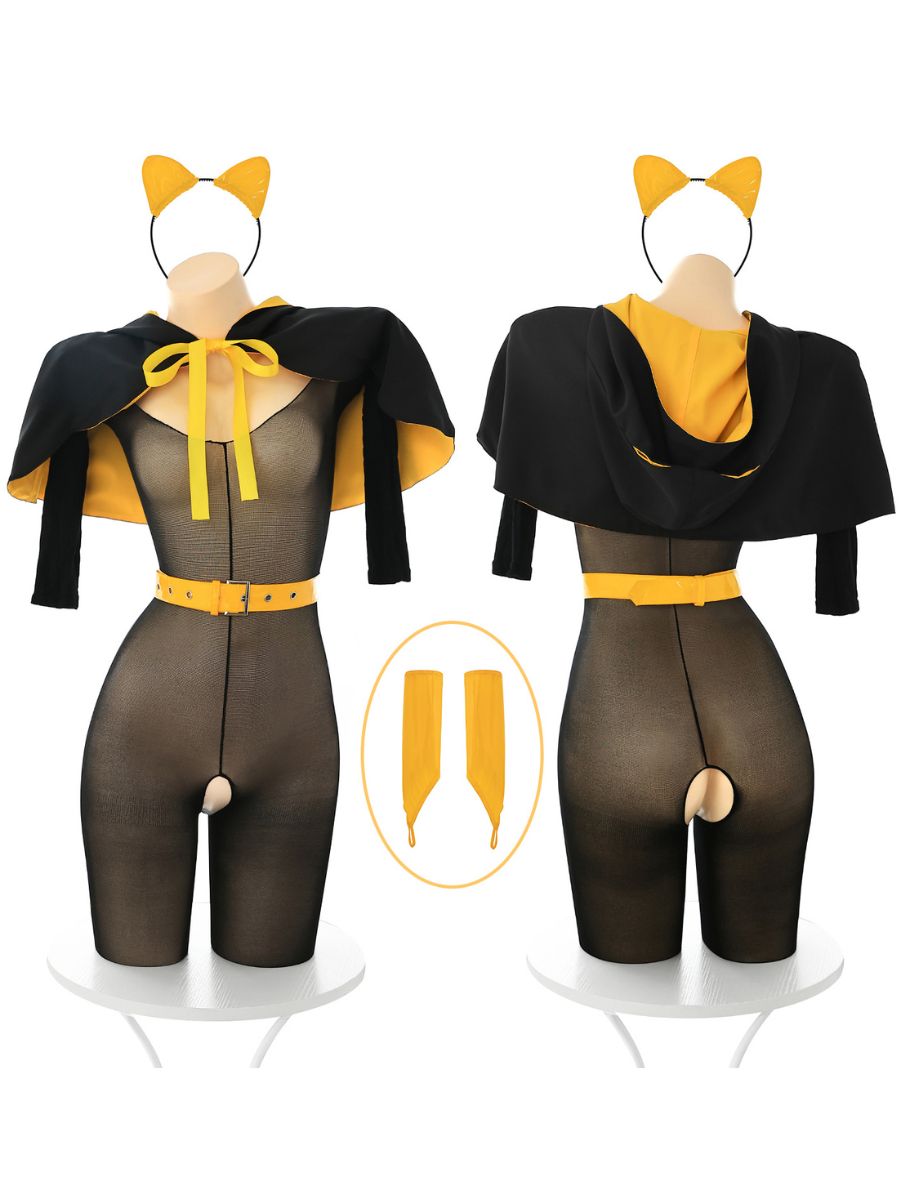 Sexy Cat Girl Cosplay Lingerie Black Sheer Open Crotch Bodystocking with Hooded Cape and Buckle Belt