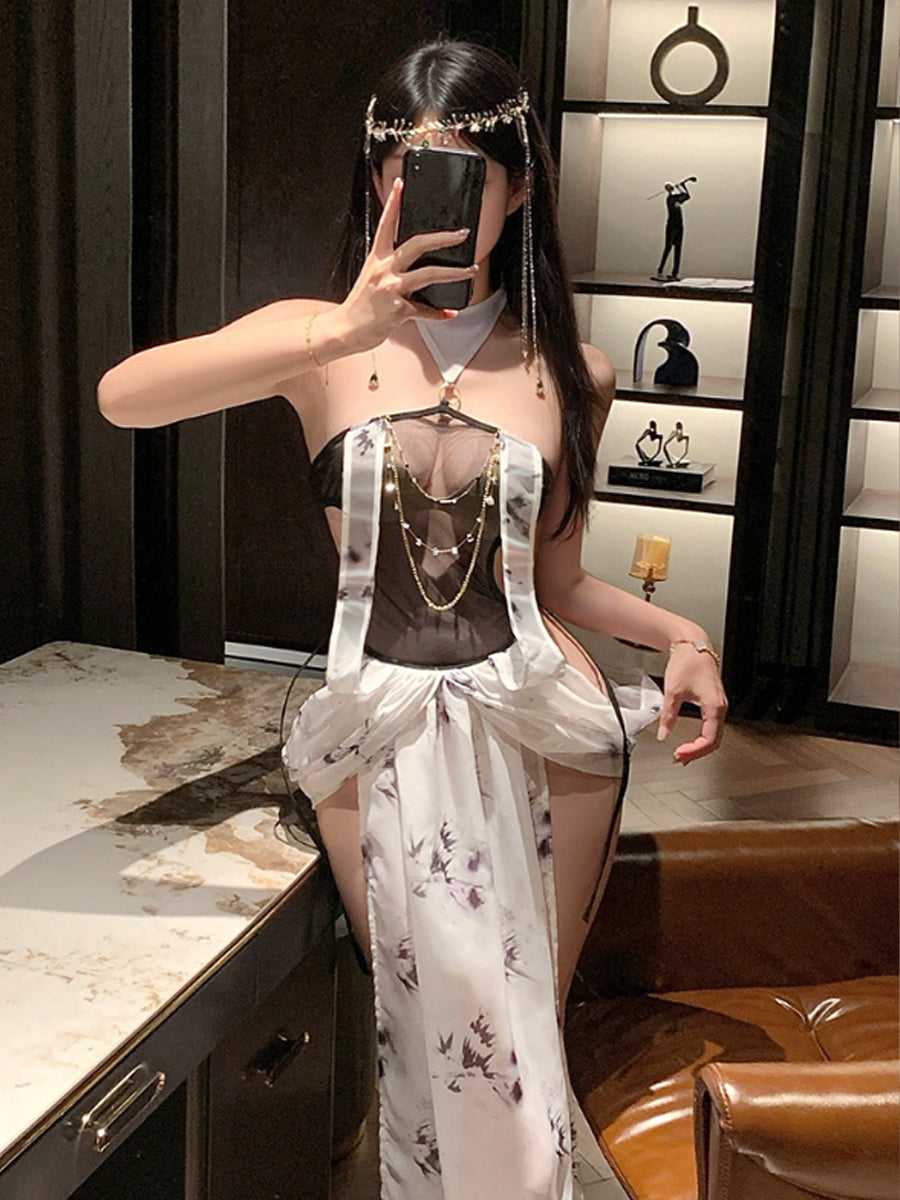 Chinese Chiffon Cosplay Lingerie Set Traditional Cheongsam Style Backless Babydoll Dress