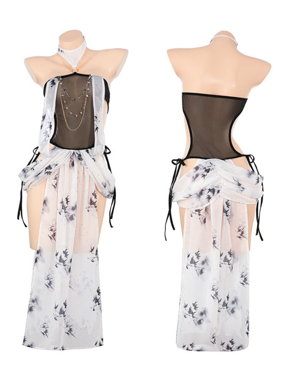 Chinese Chiffon Cosplay Lingerie Set Traditional Cheongsam Style Backless Babydoll Dress