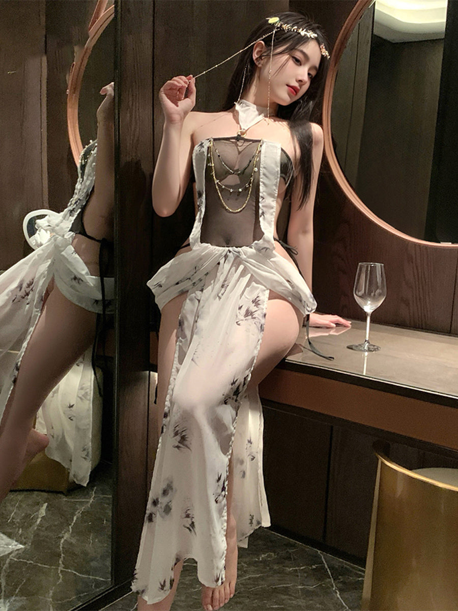 Chinese Chiffon Cosplay Lingerie Set Traditional Cheongsam Style Backless Babydoll Dress