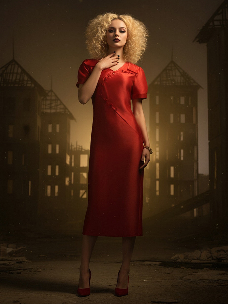 The Bride Costume Vintage Red Satin Wedding Dress Chinese Style Midi Dress