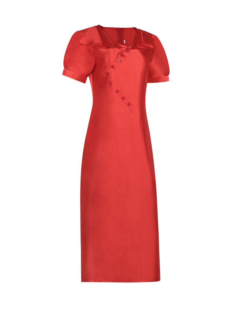 The Bride Costume Vintage Red Satin Wedding Dress Chinese Style Midi Dress