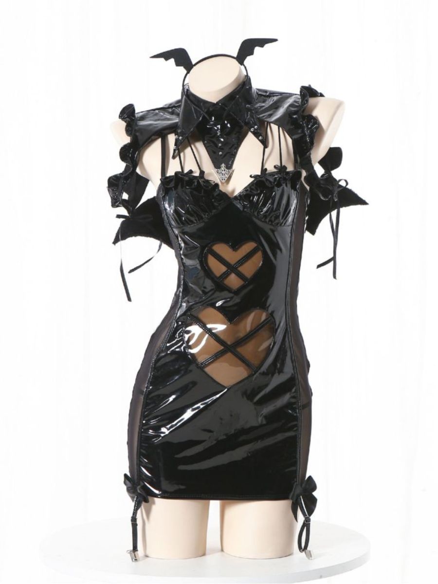 Devil and Angel Cosplay Costume Faux Leather Heart Cutout Mini Dress with Accessories