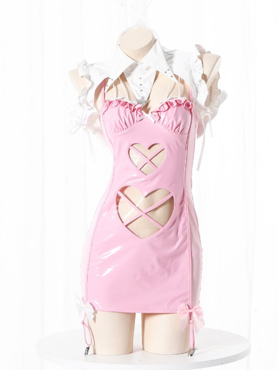 Devil and Angel Cosplay Costume Faux Leather Heart Cutout Mini Dress with Accessories