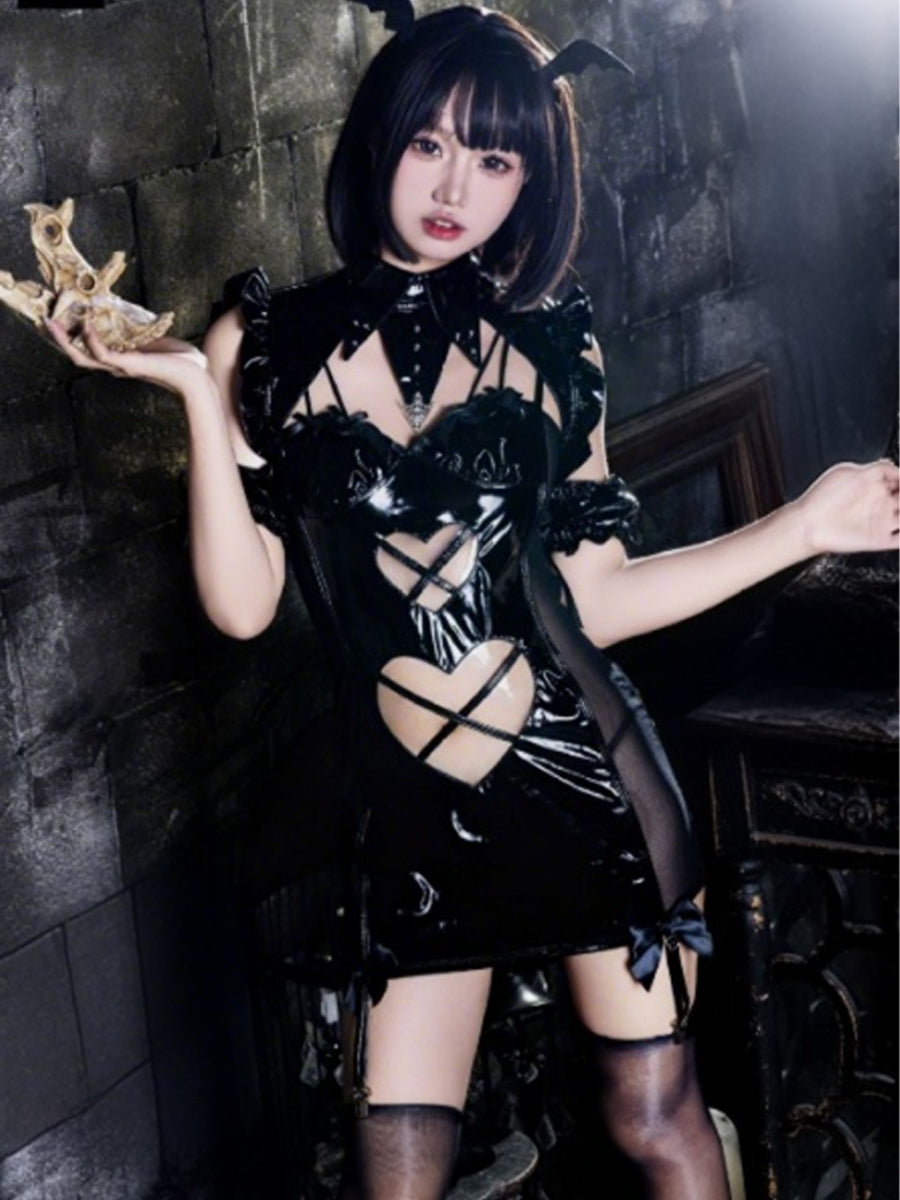 Devil and Angel Cosplay Costume Faux Leather Heart Cutout Mini Dress with Accessories