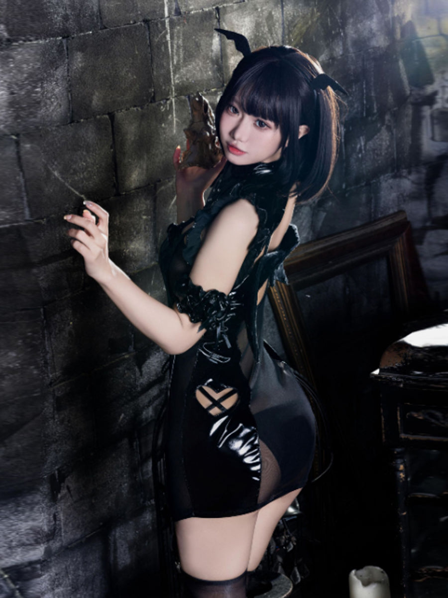 Devil and Angel Cosplay Costume Faux Leather Heart Cutout Mini Dress with Accessories